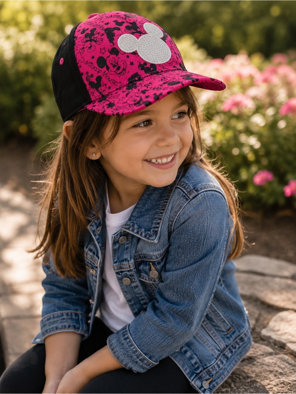 Disney Mickey Mouse Embellished Hat | Pink & Black Bling Cap | Youth